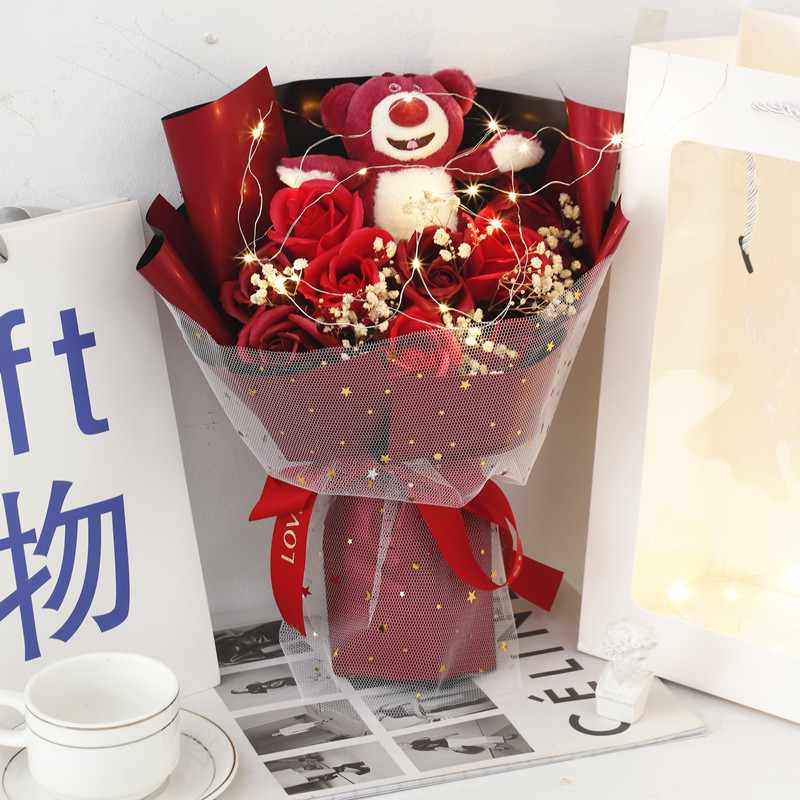 Día de la Madre Strawberry Bear Doll Muñeca Simulación Ramo de jabón de rosa Día de San Valentín Regalo de cumpleaños para novias y novias