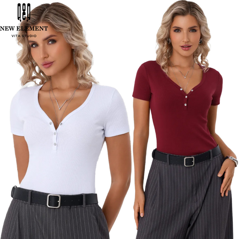 2026 Amazon Spring/Summer New Cross-Border Trade Independent Site European and American Women's Fashion Sexy V-Neck Top T-Shirt Short Sleeve