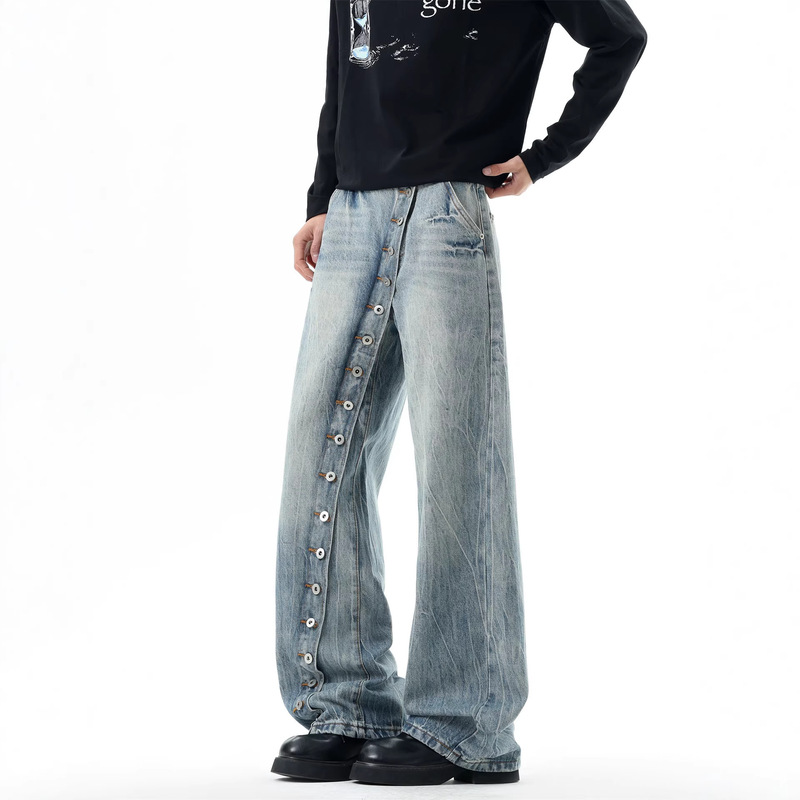 Niche Style Diagonal Placket Buttoned Jeans for Men, American Retro Washed and Distressed Loose Design Straight-Leg Pants Wholesale