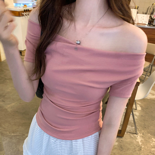 Ins-style design-threaded collar sexy fiery one-shoulder short-sleeve t-shirt women slimming short-sleeved top women trendy
