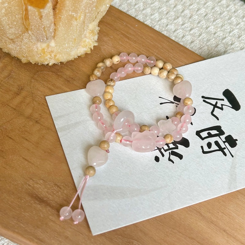 卸売天然水晶ローズクォーツダブルサークル kt 猫ブレスレット新鮮で甘いピーチピンク女性の人気のミルキーウッドブレスレット|undefined