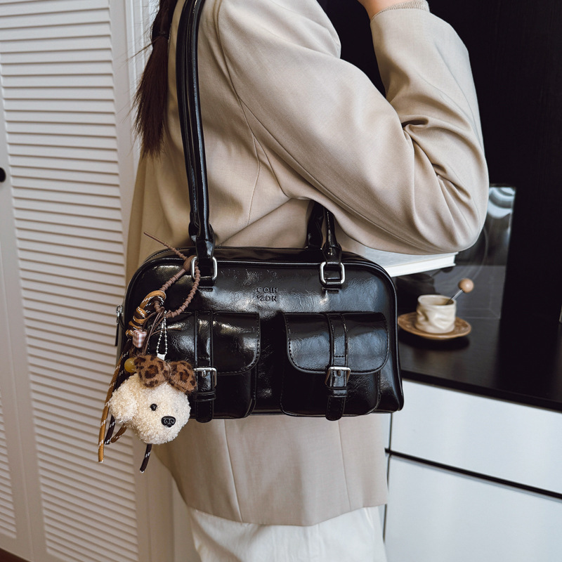Korean Style Soft Leather Retro Bowling Bag For Women Winter 2025 New Arrival Luxury Shoulder Underarm Bag Commuter Handbag - Thumbnail 3