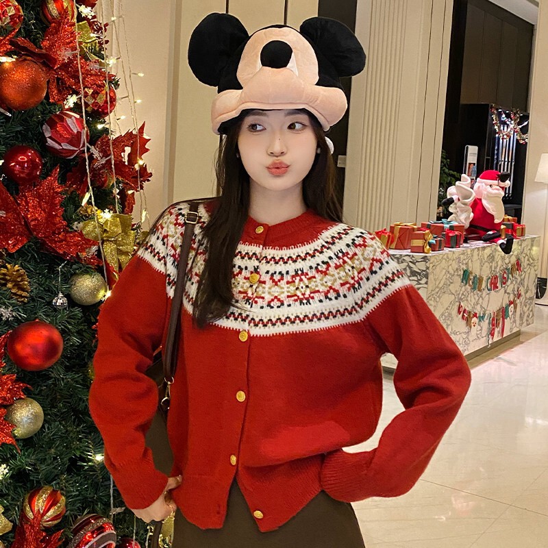 Red Fair Isle Sweater Knitted Cardigan Jacket for Women, 2026 New Winter Style, Lazy Style Top, New Year Red Red Fair Isle Sweater Knitted Cardigan Jacket for Women, 2026 New Winter Style, Lazy Style Top, New Year Red