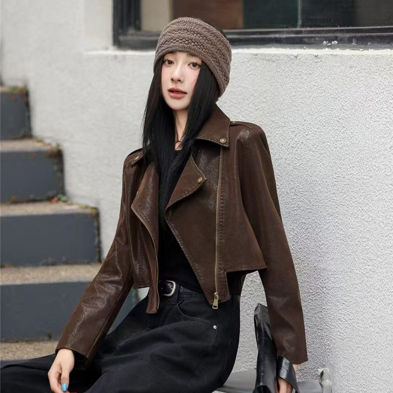 Maillard Outfit Coffee-Colored Leather Jacket for Women 2025 Autumn New Petite Short Biker Jacket Top