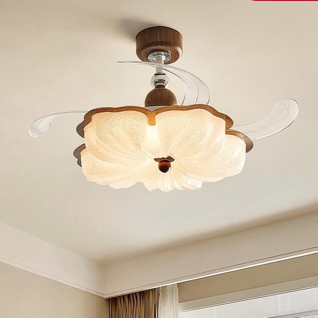 French Cream Style Invisible Fan Lamp Retro Crystal Sand Flower Silent Restaurant Ceiling Fan Lamp Bedroom Fan Lamp