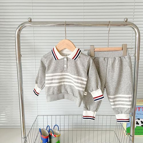 Korean Version  Spring and Summer Baby Boy Infant Set Baby Crew Neck Striped Set Stylish Outdoor Sports Set