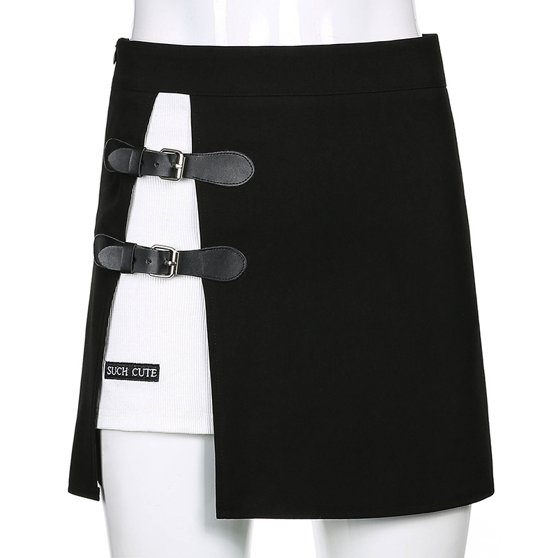 dark leather buckle small embroidery skirt NSLQ37958