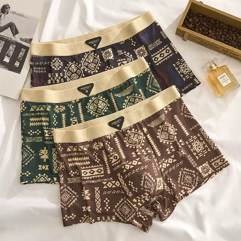 冰丝男士内裤复古印花平角裤新款夏季抗菌四角裤复古潮款