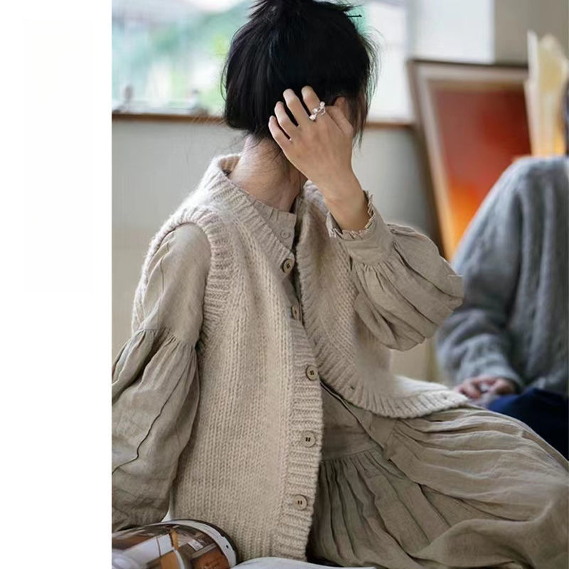 法式复古针织马甲背心秋冬季开衫外套叠穿软糯加厚粗针新款毛衣女|undefined