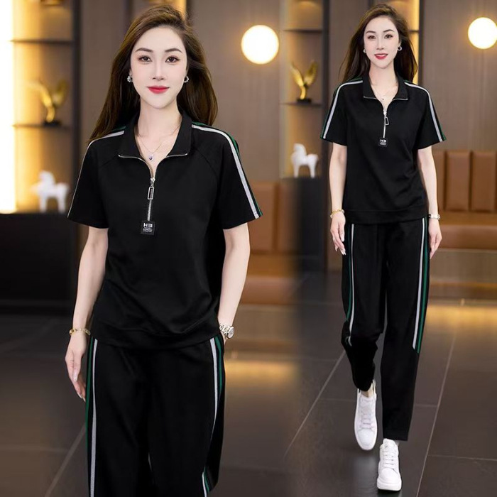 时尚运动服套装女2025夏季新款韩版休闲妈妈装显瘦跑步服两件套潮|undefined