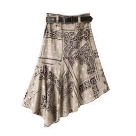 2025冬季新款女腰带撞色印花中长款不规则A字半身裙子RL91503246