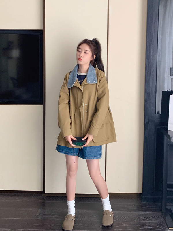 咖色牛仔拼接翻领风衣女2025初春秋新款气质显瘦减龄宽松休闲外套|undefined
