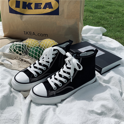  Autumn New High-Top Canvas Shoes for Women Korean Style Casual Student Trendy Women's Shoes Basic Zipper White Shoes