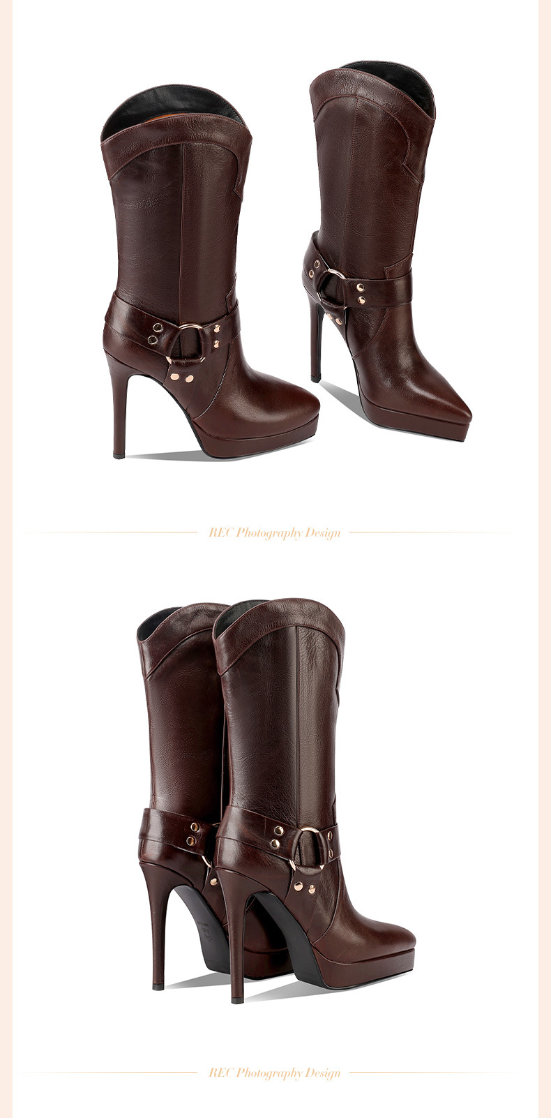 Boot nữ cổ cao ôm bắp chân mũi nhọn da thật, gót platform 10 cm, phong cách retro châu Âu — Lớp lót đơn màu trắng 10cm chi tiết 7