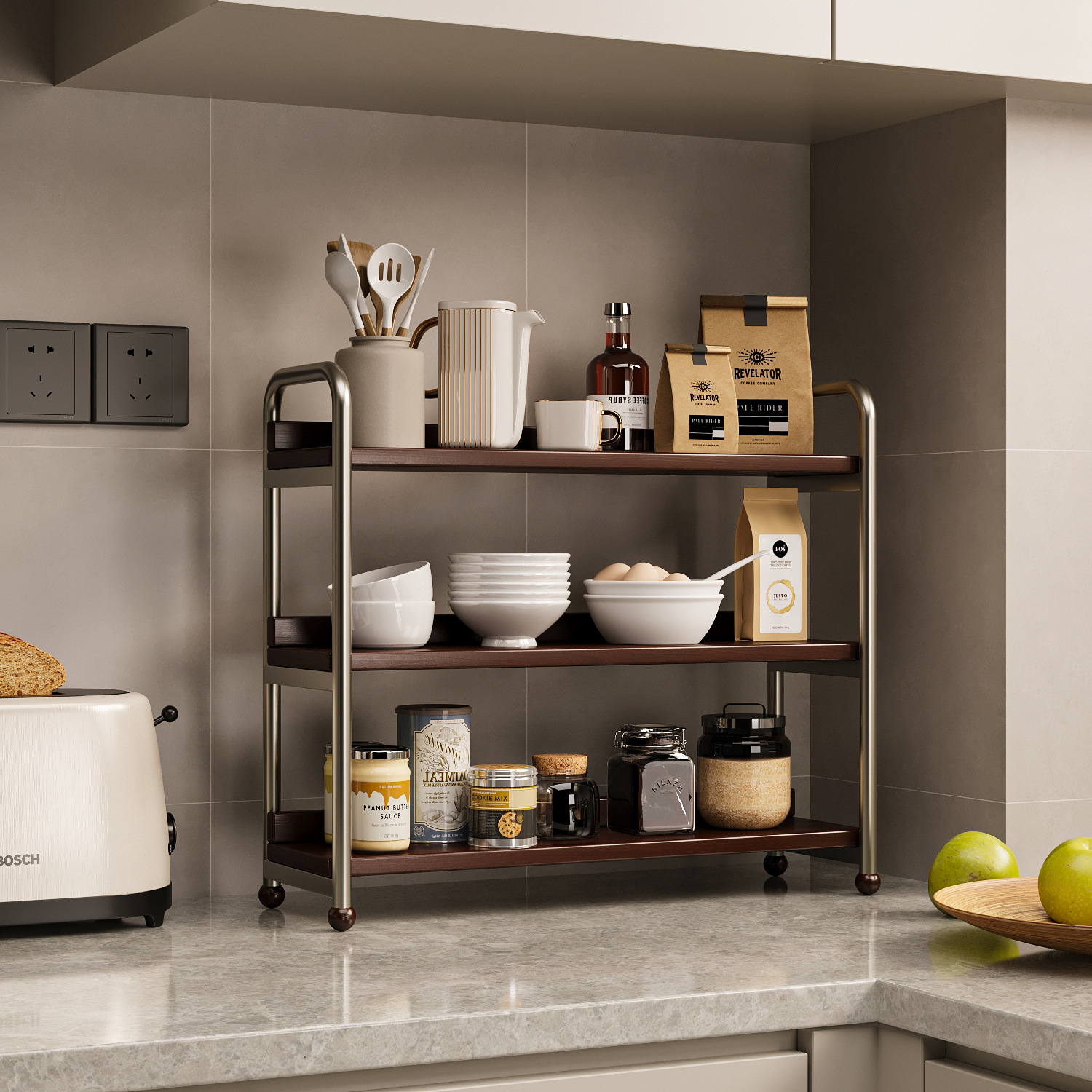 Estante de almacenamiento de cocina Estante de almacenamiento de escritorio doméstico Luz de lujo condimento multicapa Estante de acabado de acero inoxidable Estante de escritorio