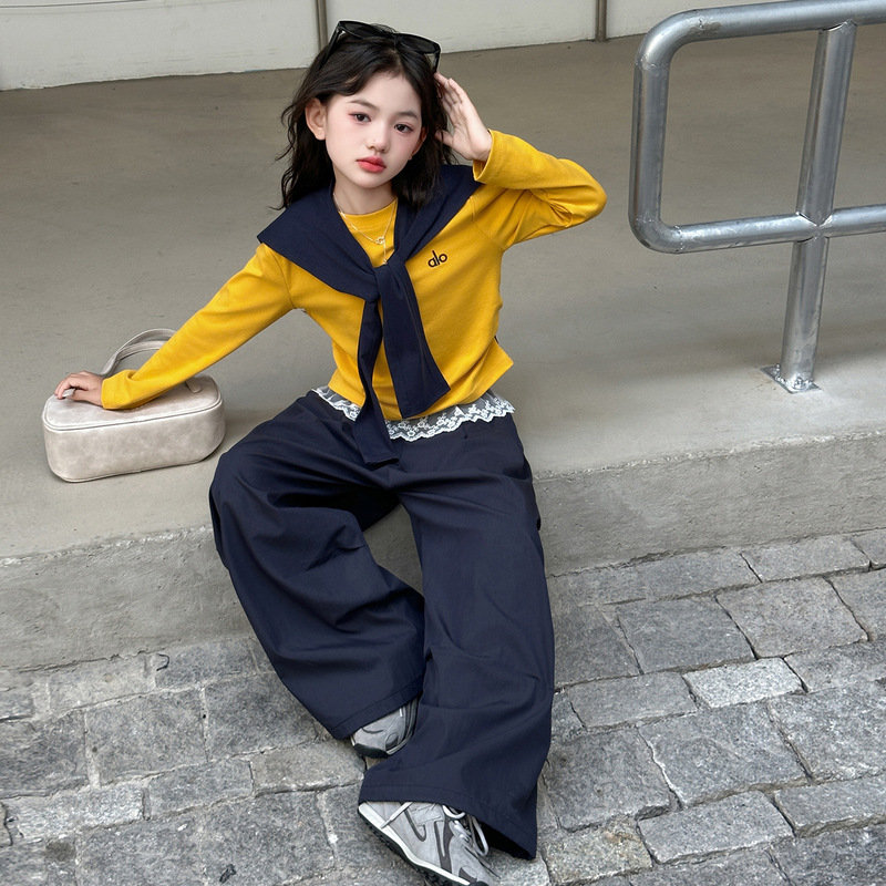 女童套装春秋装2025新款女中大童时髦披肩上衣阔腿裤两件套潮|undefined