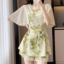 新中式印花休闲套装女2025年夏季新款遮肚显瘦雪纺上衣短裤两件套