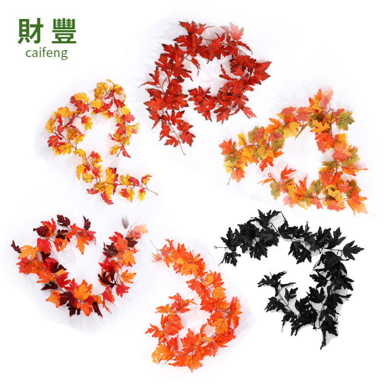 亚马逊万圣节装饰黑色红色仿真叶花环圣诞感恩节黑仿真枫叶藤条