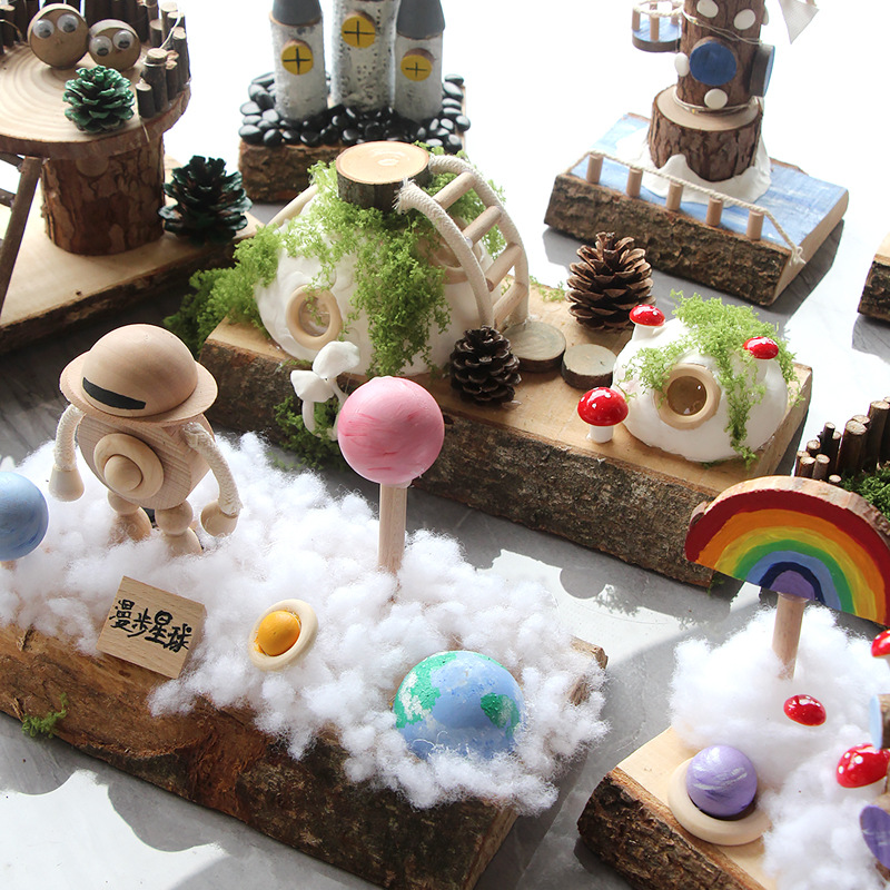 Área de jardín de infantes esquina carpintería diy paquete de materiales hechos a mano conjunto completo de juguetes de madera pequeños adornos de cabaña