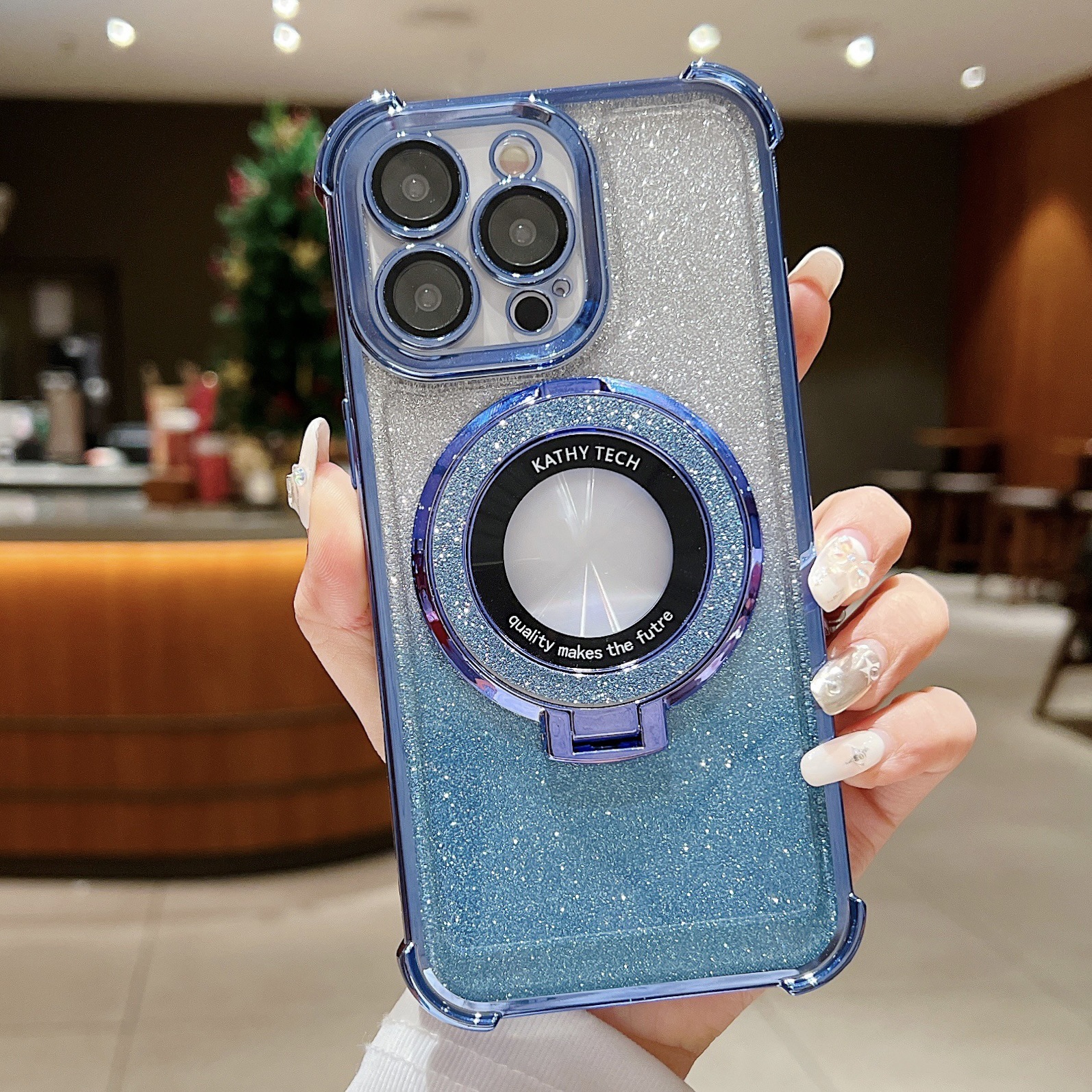 Funda magnética con purpurina para iPhone 17, 16 y 15, con acabado electrochapado degradado, cuatro esquinas anticaídas y soporte magnético.