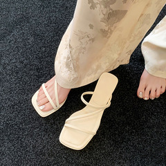 羊皮版~真皮法式白色涼鞋女夏高跟鞋外穿露趾高跟涼鞋中跟涼拖鞋