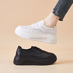 23年厚底真皮鬆糕鞋女洞洞涼鞋秋夏百搭厚底小皮鞋鏤空透氣休閒鞋