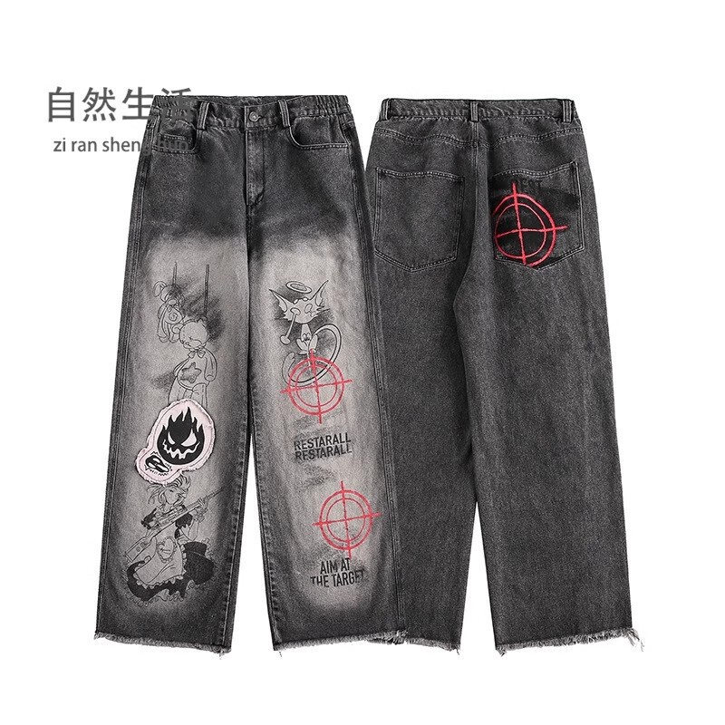 American High Street Patch Cartoon Anime Graffiti Print Gradient Jeans Men's Loose Versatile Trendy Wide-Leg Trousers