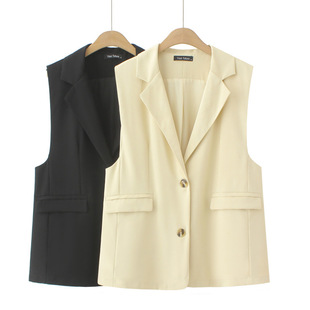 Plus size women's simple solid color commuter suit vest autumn loose meat covering two buttons vest coat 782317
