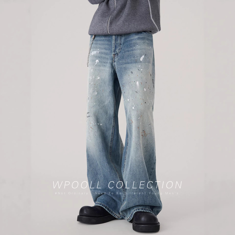 2025 New American High Street Style Flared Jeans for Men, Washed Vintage Design with Splatter Paint, Loose Fit Floor-Length Pants for Men 2025 New American High Street Style Flared Jeans for Men, Washed Vintage Design with Splatter Paint, Loose Fit Floor-Length Pants for Men