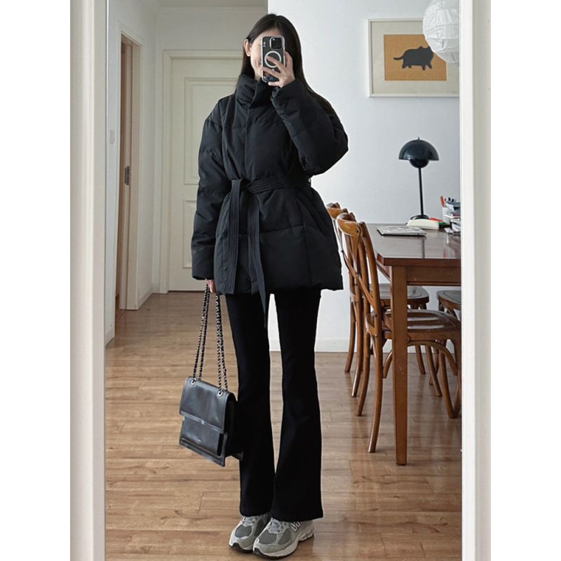 网图高级感收腰系带黑色棉服外套女2025冬季新款韩版小个子棉衣