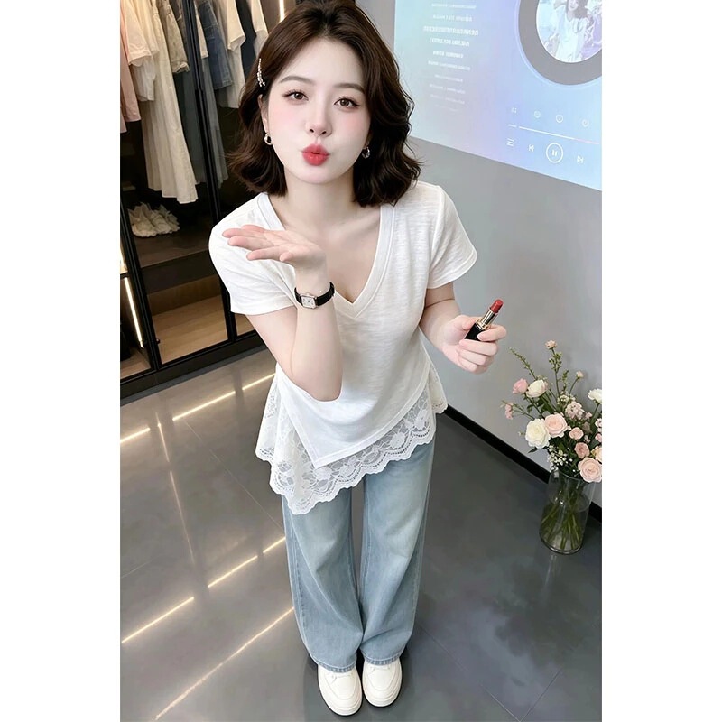 Korean-Style Lace Splicing V-Neck Short-Sleeve T-Shirt for Women, 2026 Summer New Plus-Size Loose Fit Slimming Versatile Top Korean-Style Lace Splicing V-Neck Short-Sleeve T-Shirt for Women, 2026 Summer New Plus-Size Loose Fit Slimming Versatile Top