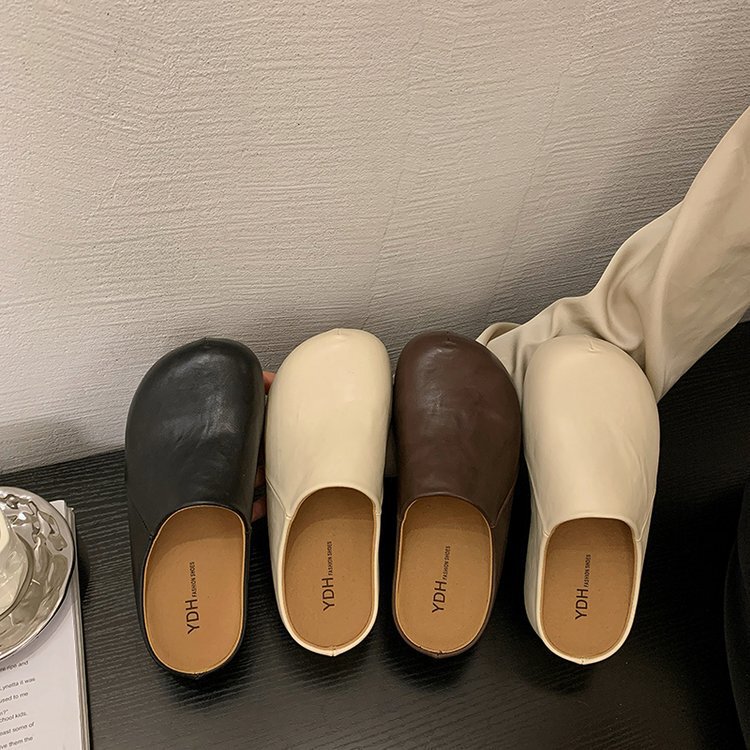 Flat Simple Baotou Granny Half Slippers Women's Summer Outwear Soft Leather Lazy Slip-on Sandals and Slippers Half Shoes