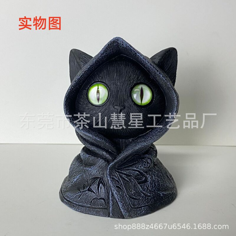 跨境新品Mysterious Hooded Cat Fiqurine身披斗篷哥特式黑猫雕像|undefined
