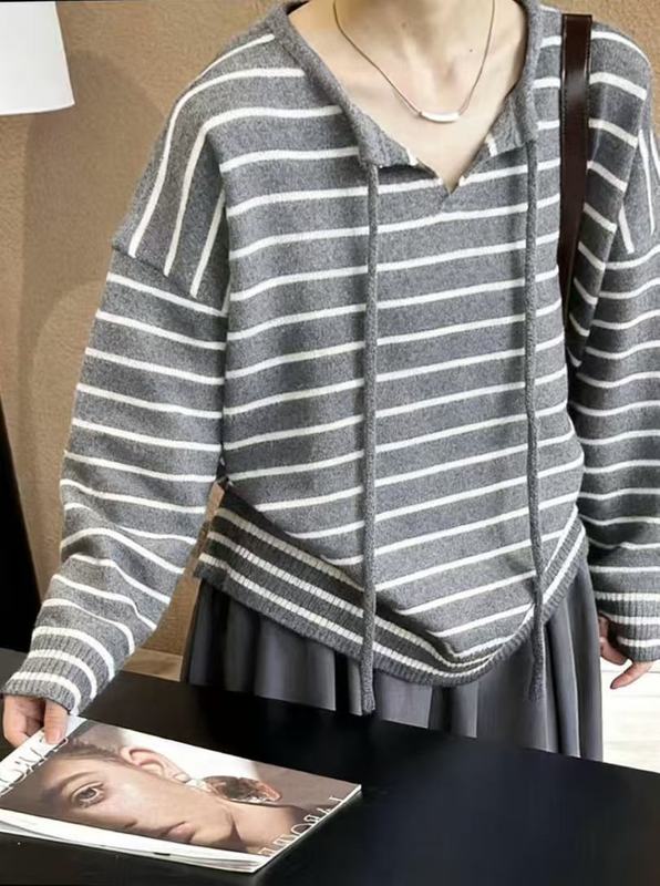 撞色条纹针织衫女春秋新款宽松慵懒系带套头毛衣休闲减龄百搭上衣|undefined