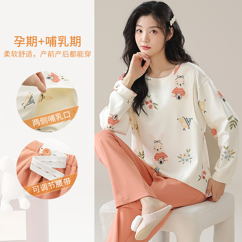 Happy Moon Maternal Breastfeeding Crew Neck Sweet Pajamas suit Spring and Autumn New Imitation Cotton Maternal Postpartum Breastfeeding Clothes