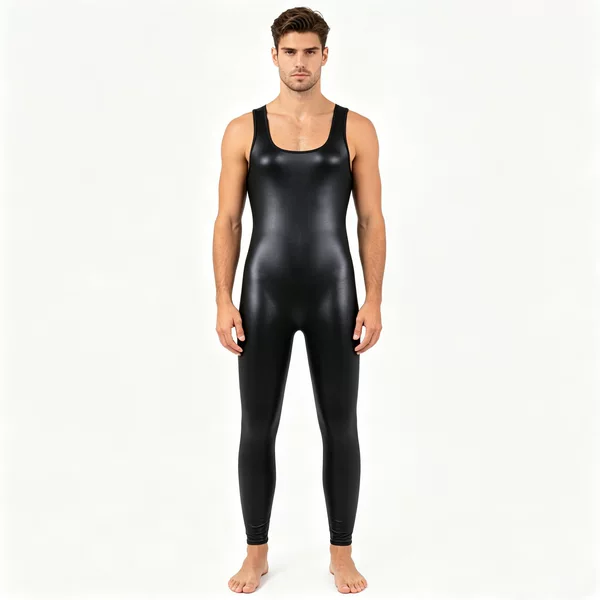 European and American Style Large Size Glossy Silky Tank Top Bodysuit for Men, High Elasticity Shapewear Sexy One-Piece Glossy Tight-Fitting Suit