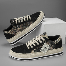 男鞋2023春季上潮流草编休闲百搭渔夫灯芯绒帆布透气运动鞋