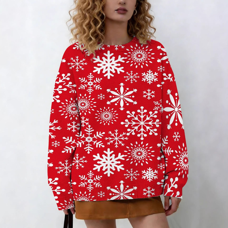 Cross-Border Exclusive Supply for Amazon: Snowflake Print Christmas Ugly Sweater for Women, Autumn and Winter Loose-Fitting Round-Neck Holiday Atmosphere Knitwear
