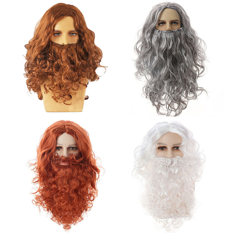 Amazon Cross Border Santa Claus Wig Beard Jesus Wig European and American Long Curly Hair Christmas Beard Wig suit
