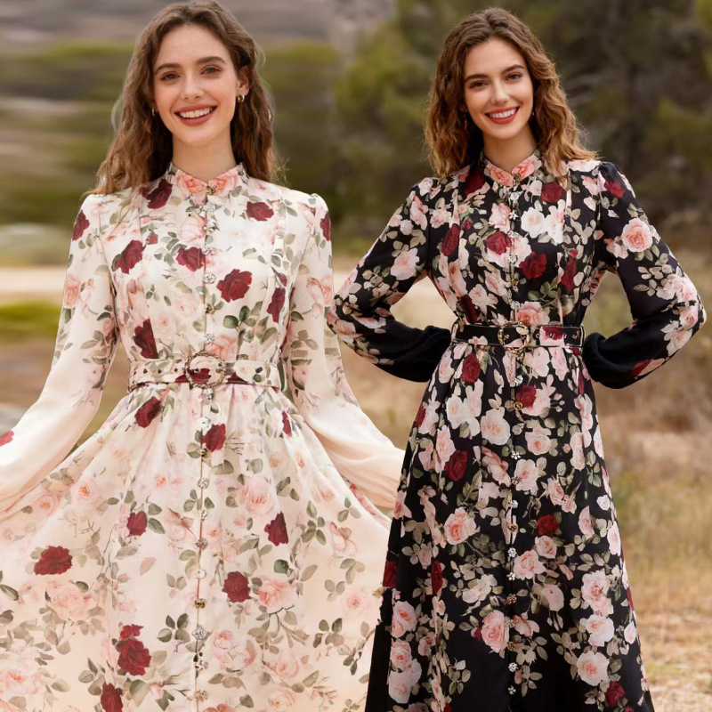 Australia's New Rose Series Single-Breasted Lantern Sleeve Long Dress with Small Stand Collar and Extra Long Style Australia's New Rose Series Single-Breasted Lantern Sleeve Long Dress with Small Stand Collar and Extra Long Style