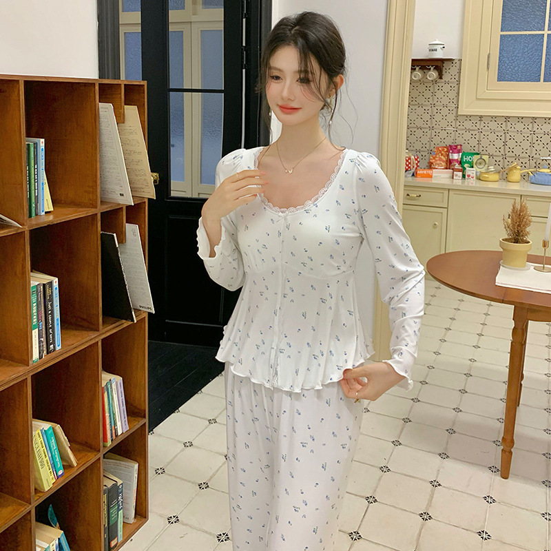法式新款睡衣女带胸垫莫代尔长袖公主甜美圆领蕾丝碎花仙女套装|undefined