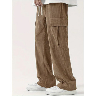 2024 Cross-Border Amazon Temu Large Size Corduroy Drawstring Personalized Cargo Pants Men's Trousers Stripesd Men's Sweatpants