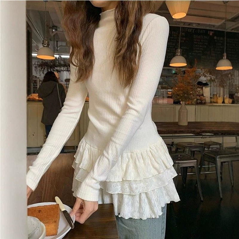 New Spring, Autumn, and Winter Half-High Collar Long-Sleeve T-Shirt for Women, Slim Fit Lace Trim Cake Skirt Style Inner Layer Top Trendy New Spring, Autumn, and Winter Half-High Collar Long-Sleeve T-Shirt for Women, Slim Fit Lace Trim Cake Skirt Style Inner Layer Top Trendy