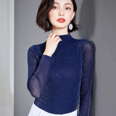 秋款欧货时尚洋气网纱打底衫女长袖薄款纱衣亮丝小衫修身显瘦上衣