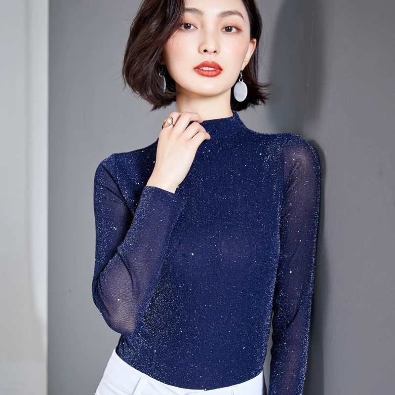 秋款欧货时尚洋气网纱打底衫女长袖薄款纱衣亮丝小衫修身显瘦上衣