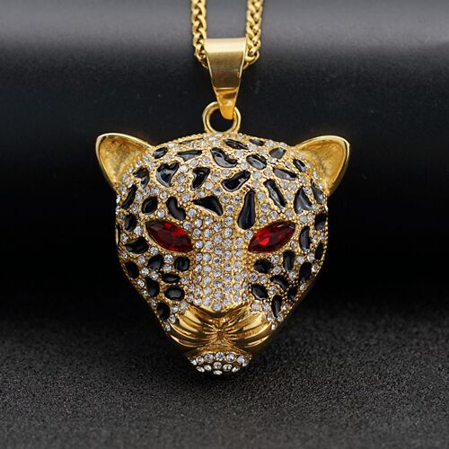 European and American trendy brand HIPHOP accessories, stainless steel extra large, gold-plated full diamond red, green, blue eye leopard head pendant
