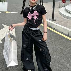 2025夏新款女童复古趣味蝴蝶结刺绣休闲长裤阔腿裤高腰垂感直筒裤