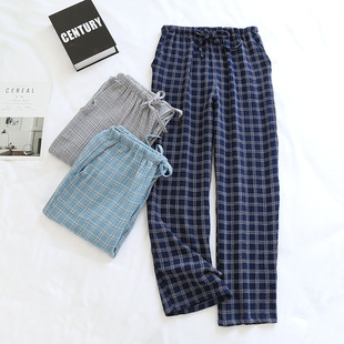 Spring and Autumn plaid pajama pants men's crepe cotton gauze walking pants home casual home pants thin simple