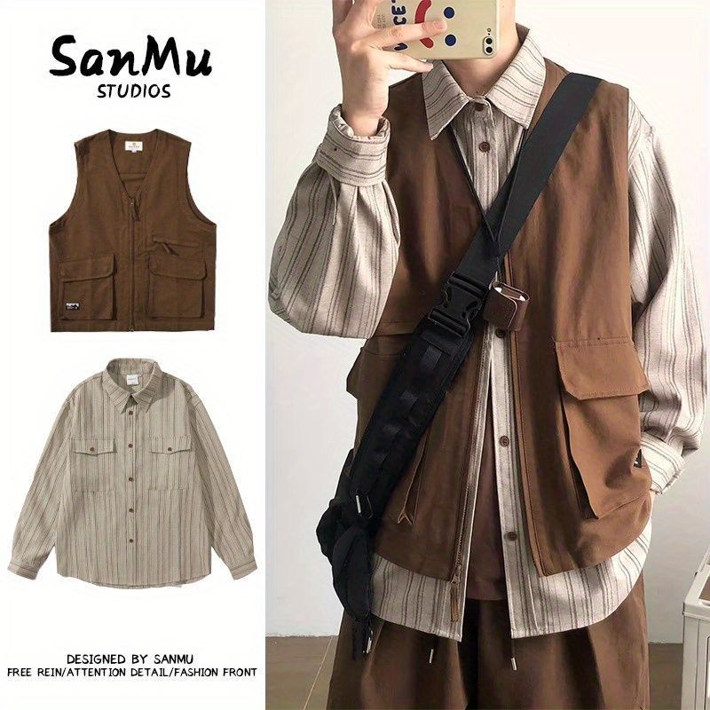 Three-Piece Set/Single Piece Japanese Retro Layered Vest Sleeveless Jacket for Male Students, Spring and Autumn Functional Workwear Set
