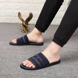 头层牛皮爱马拖鞋男夏外穿潮流真皮一字凉拖潮牌韩版个性防滑百搭